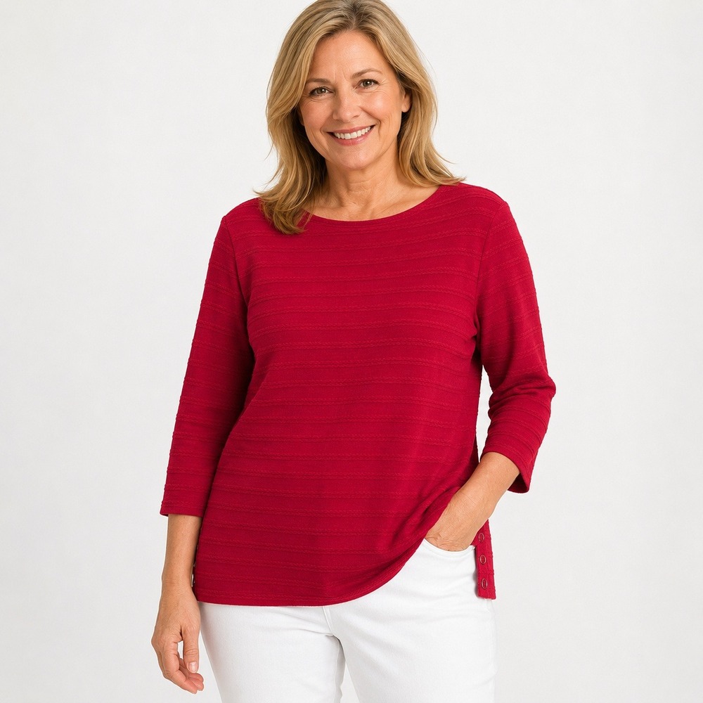 Chicos Red Textured Knit Boat Neck Top 3/4 Sleeve Side Button Detail Size 1 M
